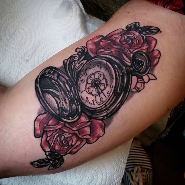 Rose Flowers And Pocket Watch Tattoo On Bicep