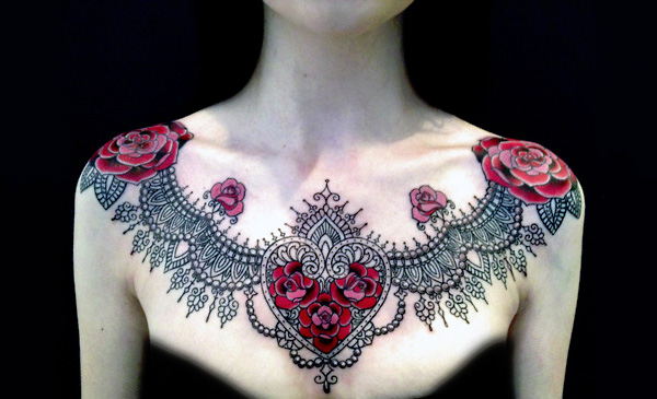 Rose Flowers Lace Tattoo On Girl Chest