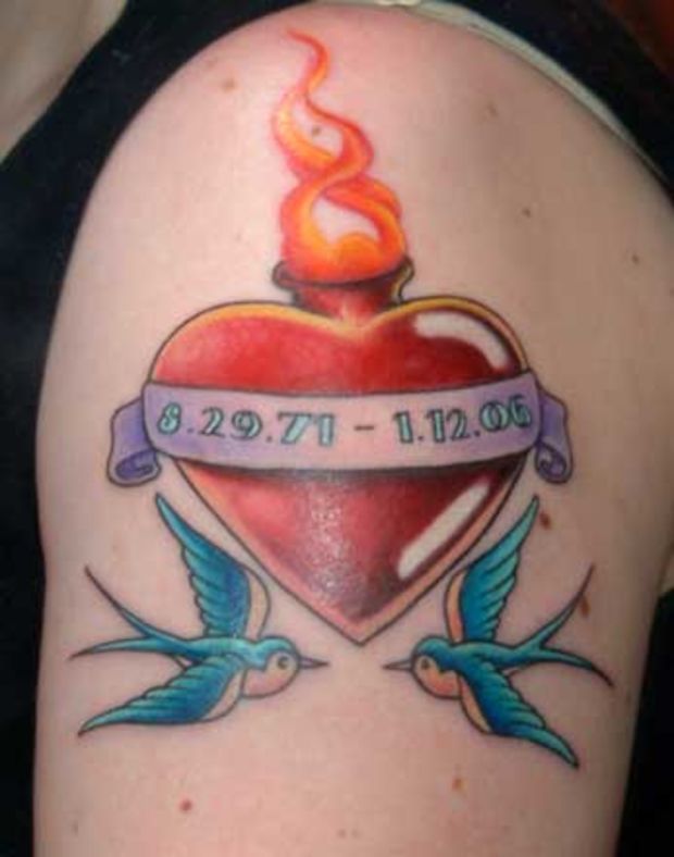 Sacred Heart With Memorial Banner And Flying Birds Tattoo On Shoulder