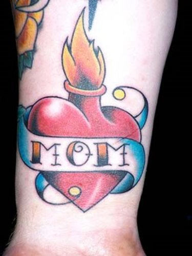 Sacred Heart With Mom Banner Tattoo On Wrist
