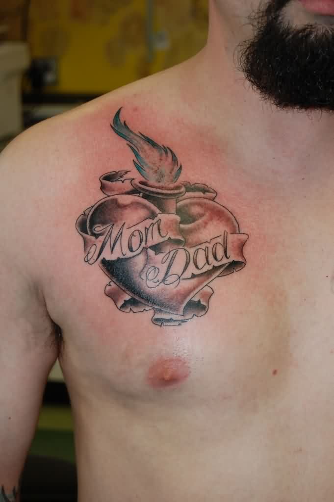 Sacred Heart With Mom Dad Banner Tattoo On Man Right Chest