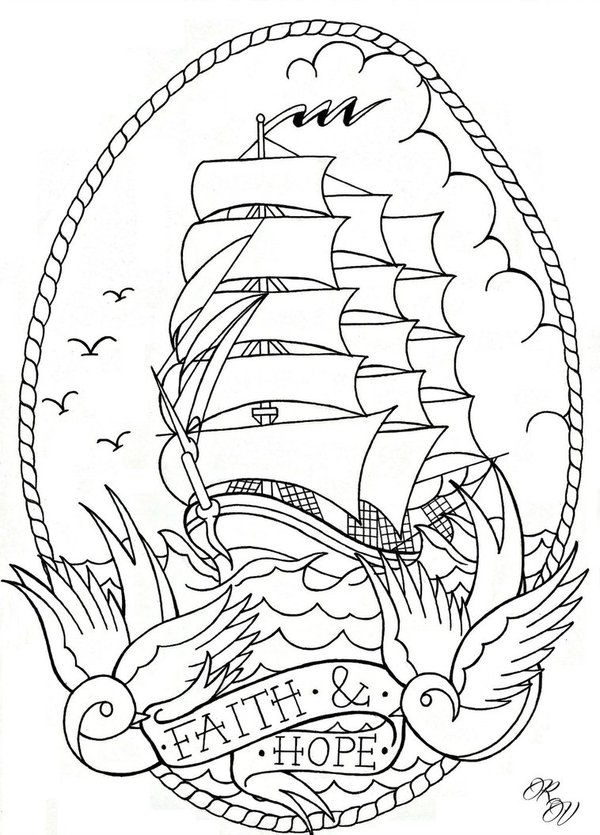 Ship With Flying Birds And Banner Tattoo Stencil By Riley
