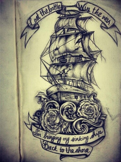 Ship With Roses And Banner Tattoo Design By Paramore