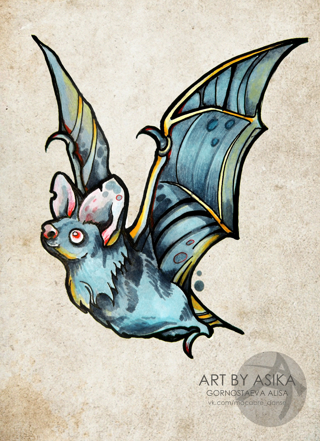 Traditional Flying Bat Tattoo Design By Asika