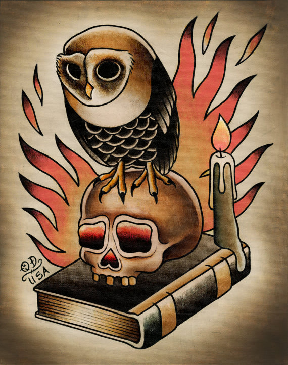 Traditional Owl On Skull Tattoo Design