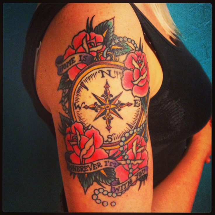 Traditional Pocket Watch With Roses Tattoo On Shoulder