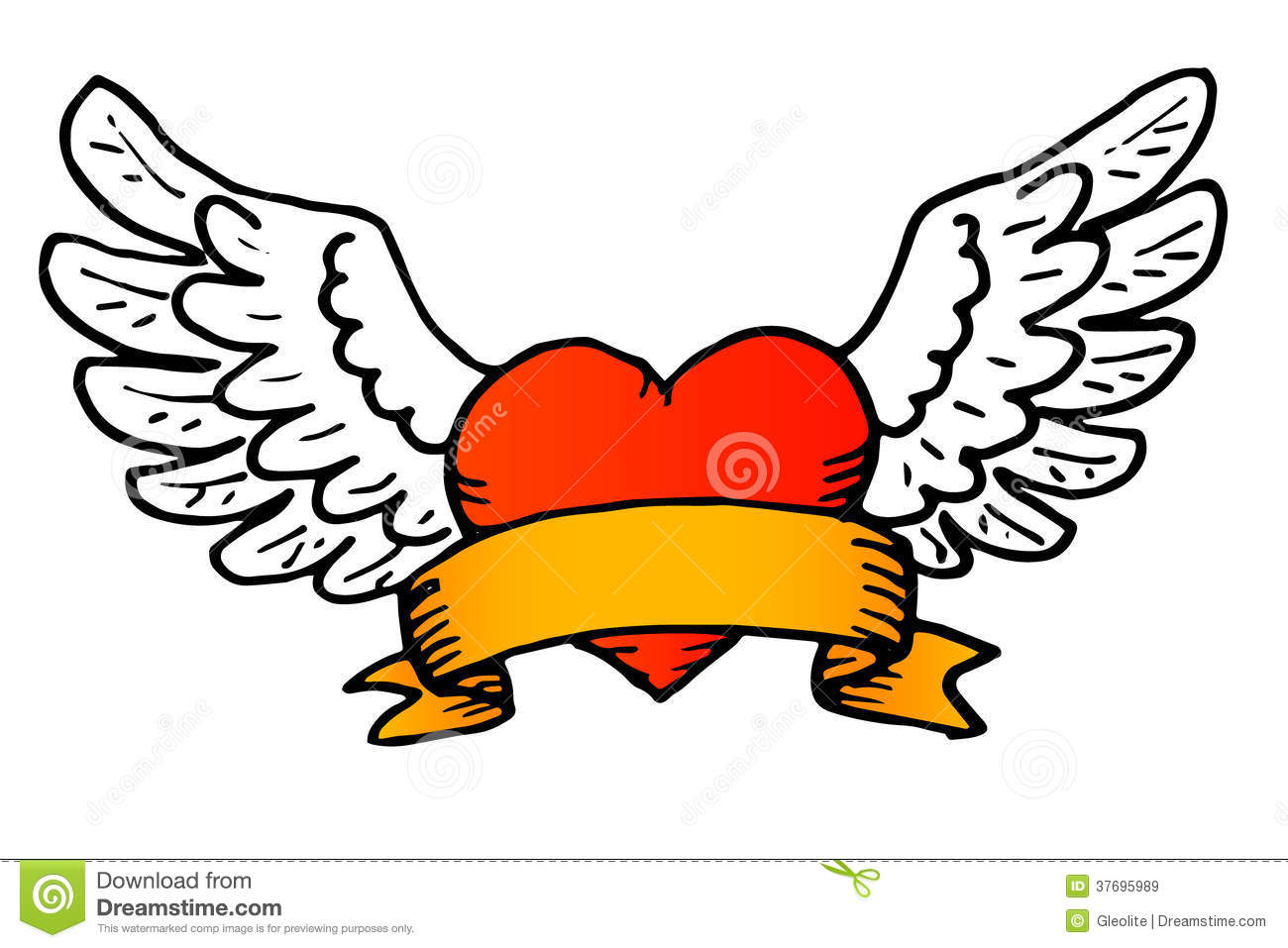 Traditional Red Heart With Wings And Banner Tattoo Design