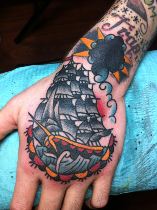 Traditional Ship Tattoo On Hand