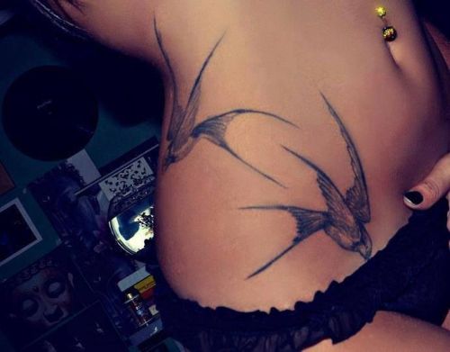 Two Flying Birds Tattoo On Side Hip