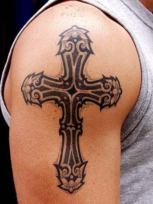 Unique Black And Grey Cross Tattoo On Arm