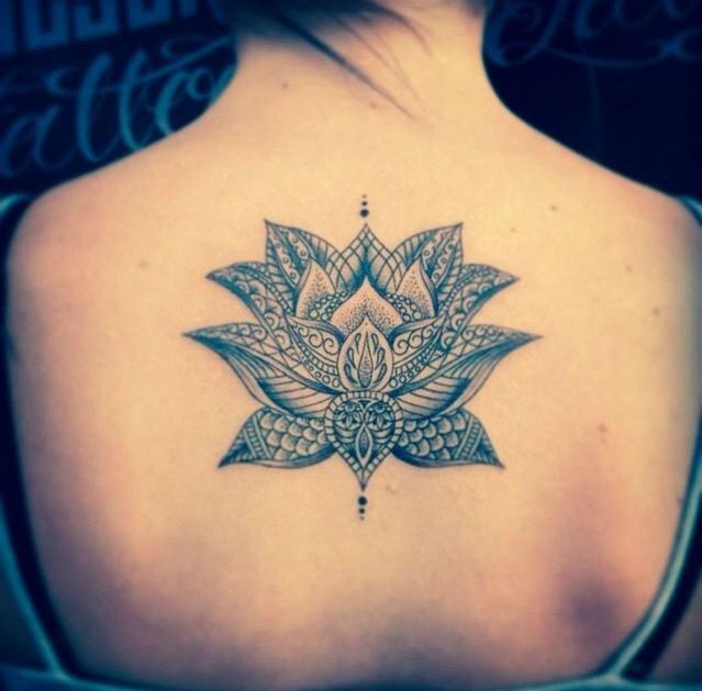 Unique Black And Grey Lotus Flower Tattoo On Girl Upper Back
