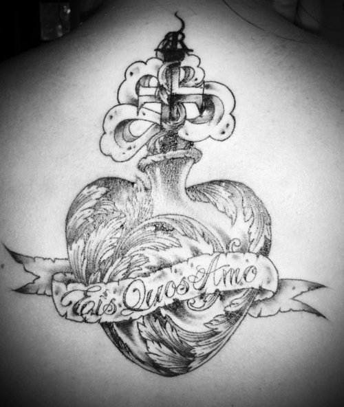 Unique Black And Grey Sacred Heart With Banner Tattoo Design