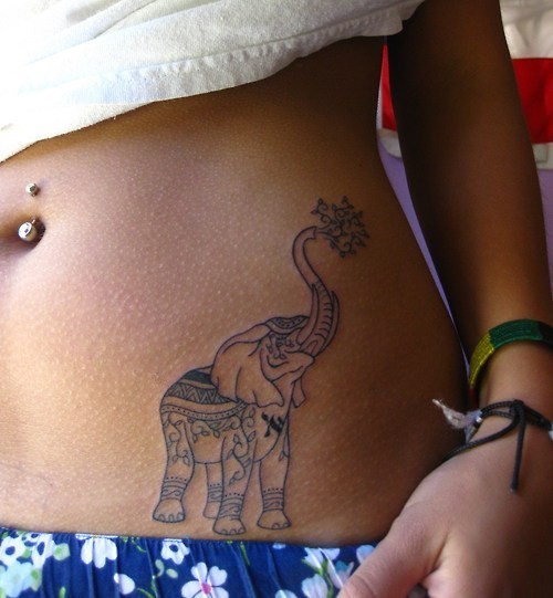 Unique Black Elephant Tattoo On Girl Hip