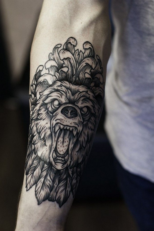Unique Black Ink Roaring Bear Head Tattoo On Forearm