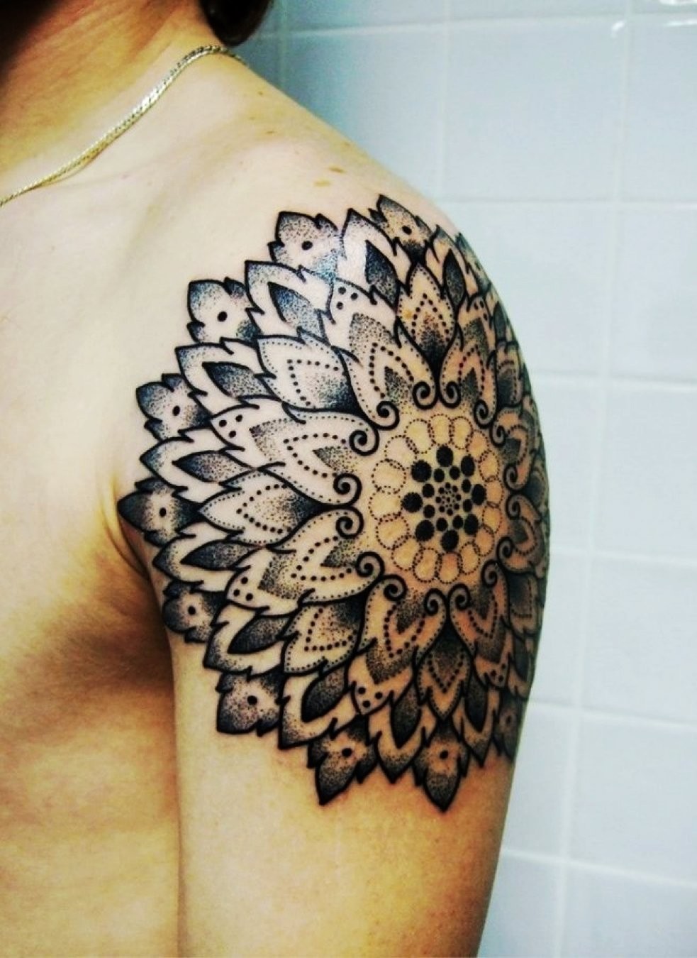Unique Black Mandala Flower Tattoo On Left Shoulder