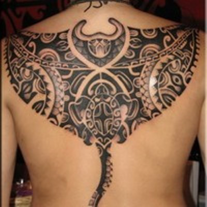 Unique Black Polynesian Bat Tattoo On Man Upper Back
