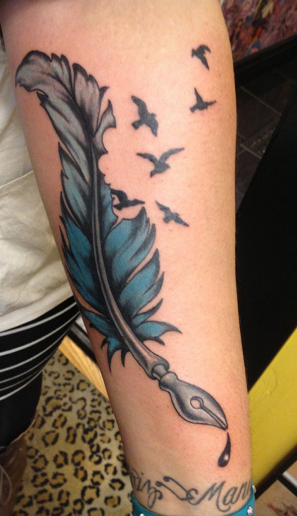 Unique Feather With Flying Birds Tattoo On Design For Forearm