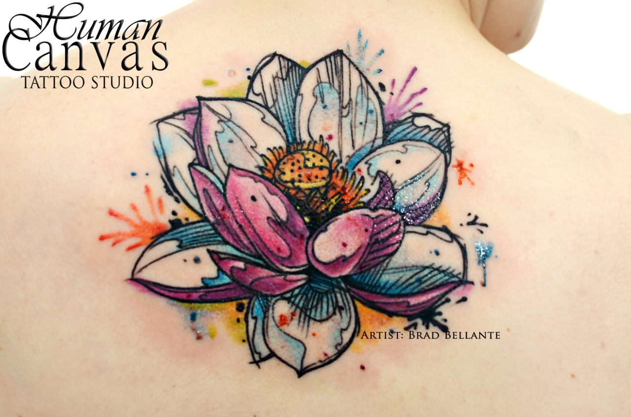 Watercolor Lotus Flower Tattoo On Upper Back