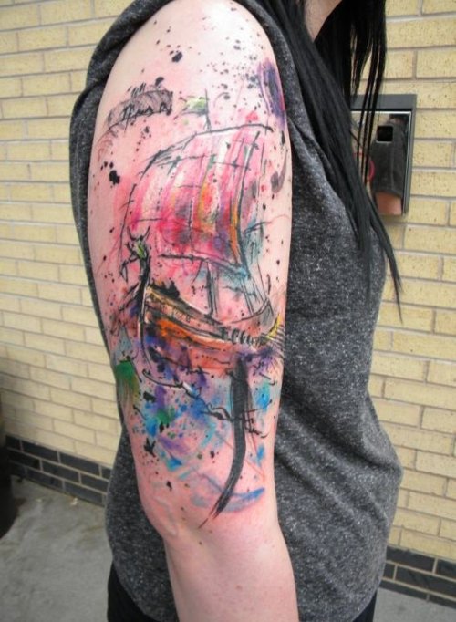 Watercolor Ship Tattoo On Right Half Sleeve By Kairy Ma