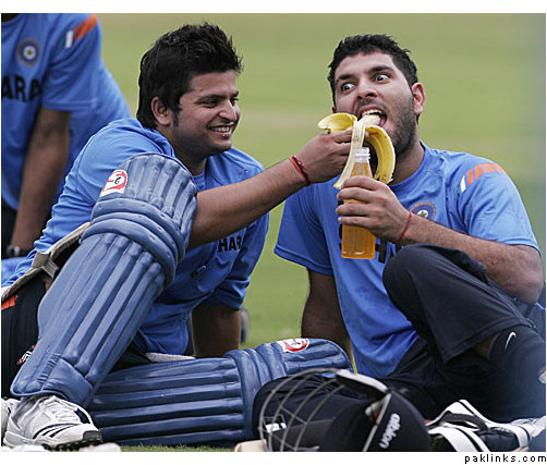 Yuvraj Singh And Suresh Raina  Eating Banana Funny Cricket Image