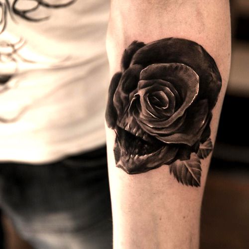 3D Black Skull Rose Tattoo On Forearm