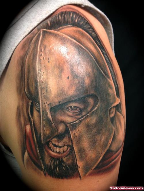 3D Greek Spartan Head Tattoo On Man Left Shoulder