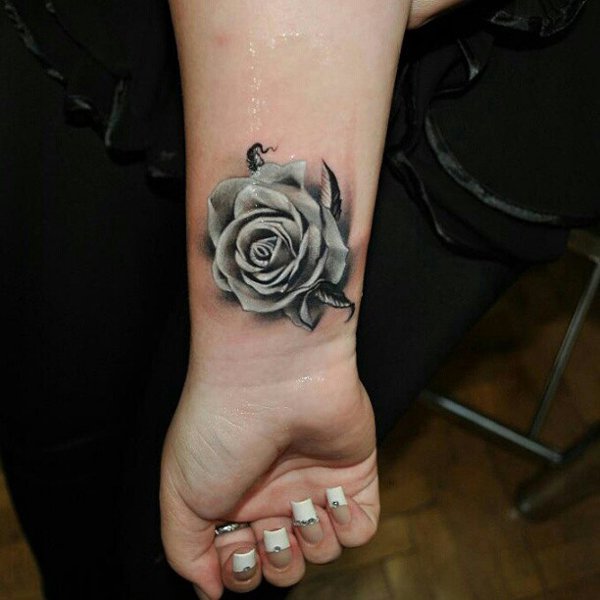 3D Grey Ink Rose Tattoo On Girl Wrist