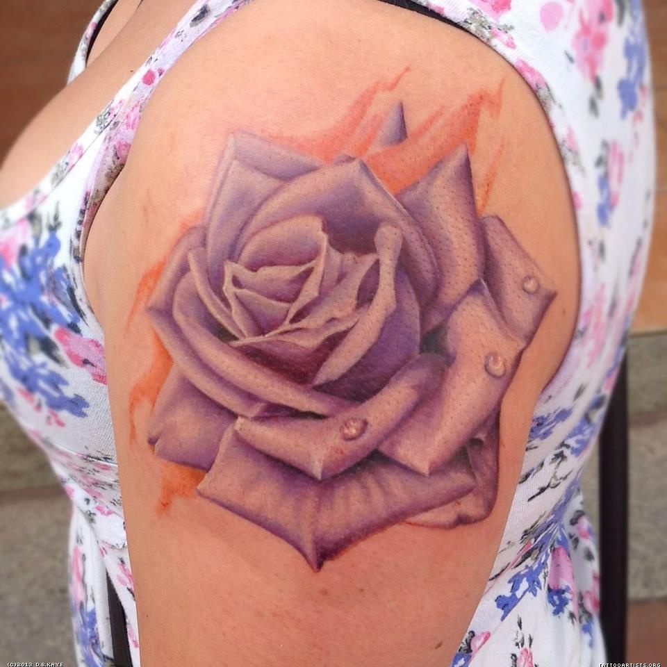 3D Purple Rose Tattoo On Girl Left Shoulder