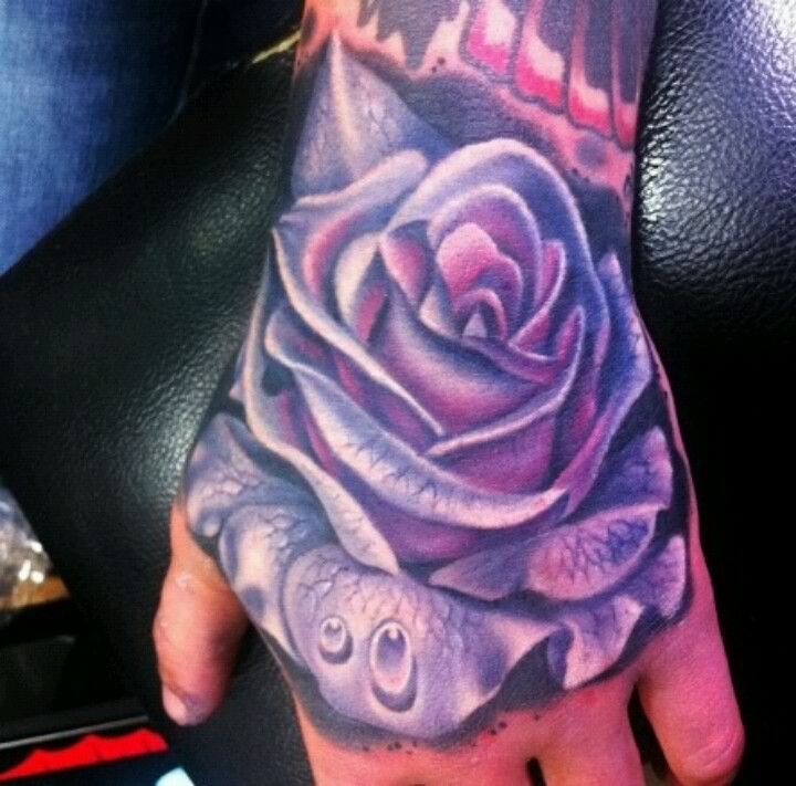 3D Purple Rose Tattoo On Hand By Megan Massacre