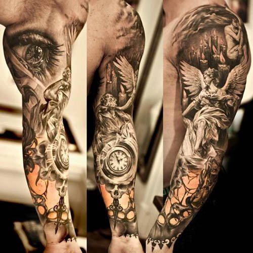 Amazing 3D Greek Statue With Eye Tattoo On Left Full Sleeve