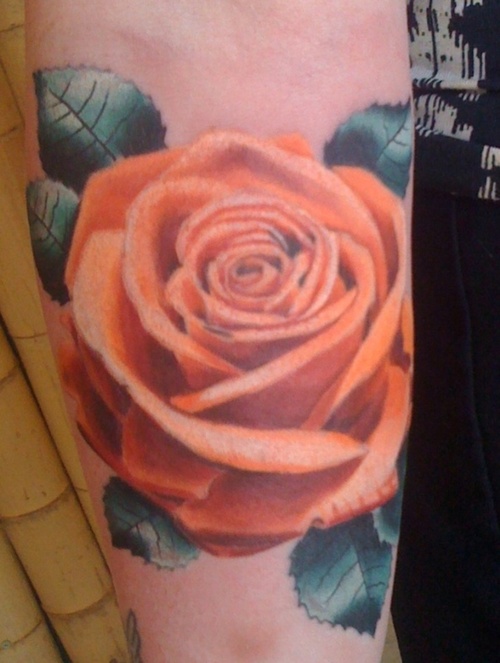 Amazing 3D Orange Rose Tattoo Design For Forearm