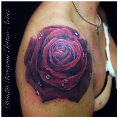 Amazing 3D Purple Rose Tattoo On Right Shoulder