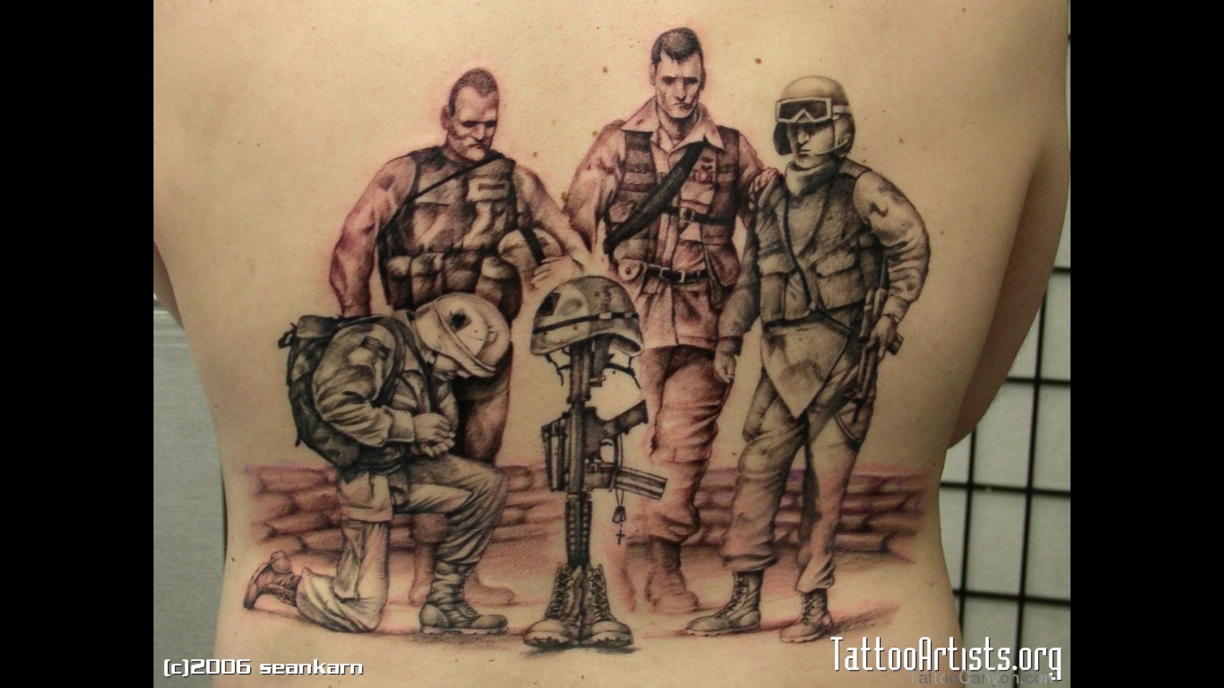 Amazing Black And Grey US Army Soldiers Tattoo On Full Back