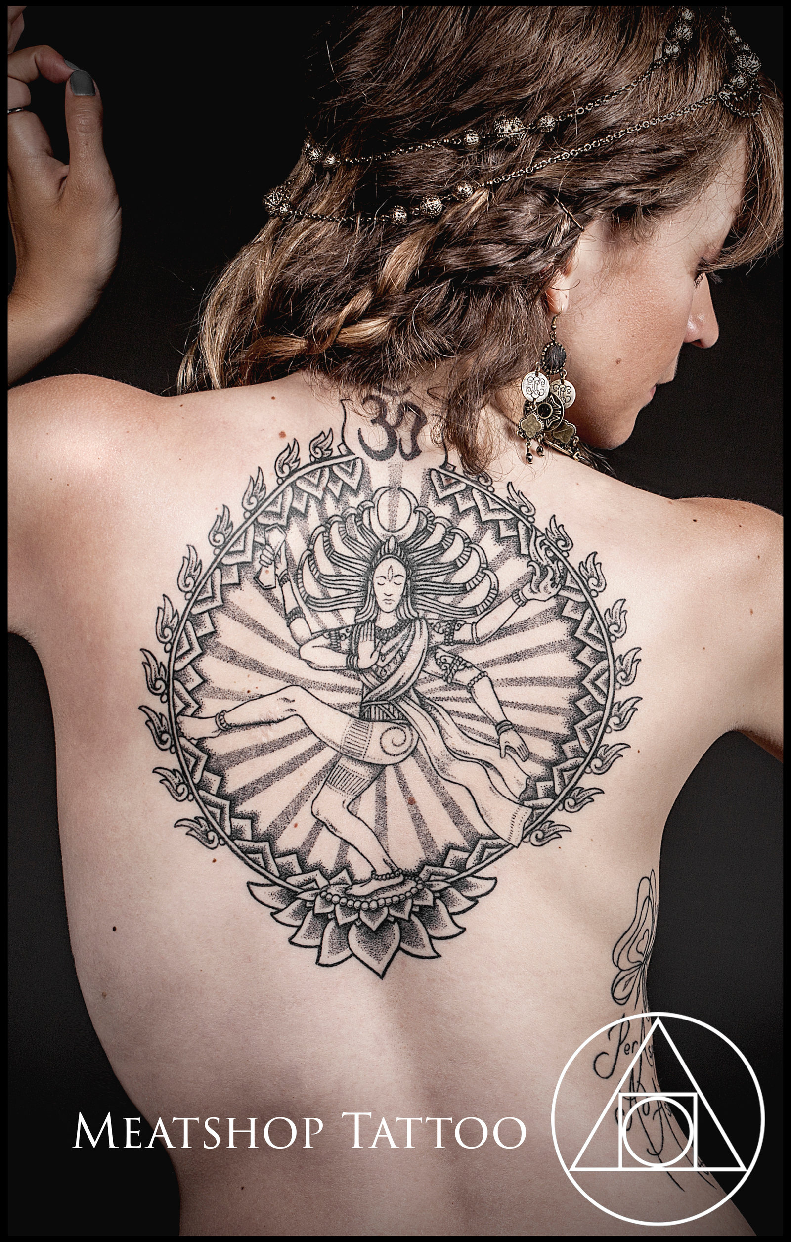 Amazing Black Natraj Tattoo On Girl Upper Back By Meatshop