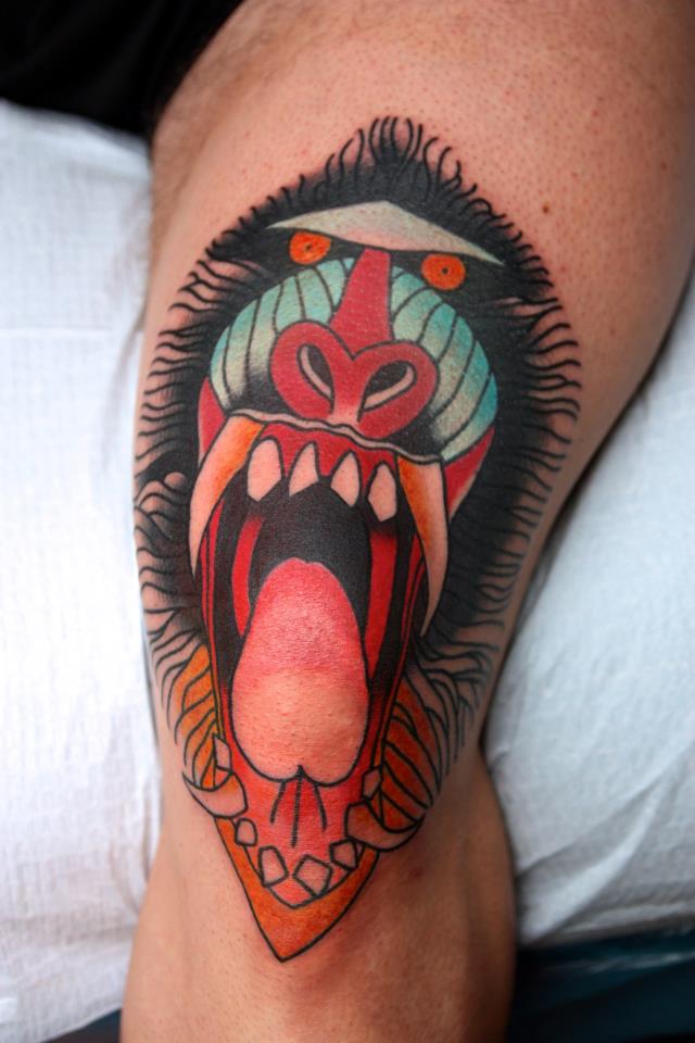 Amazing Color Ink Mandrill Tattoo On Knee