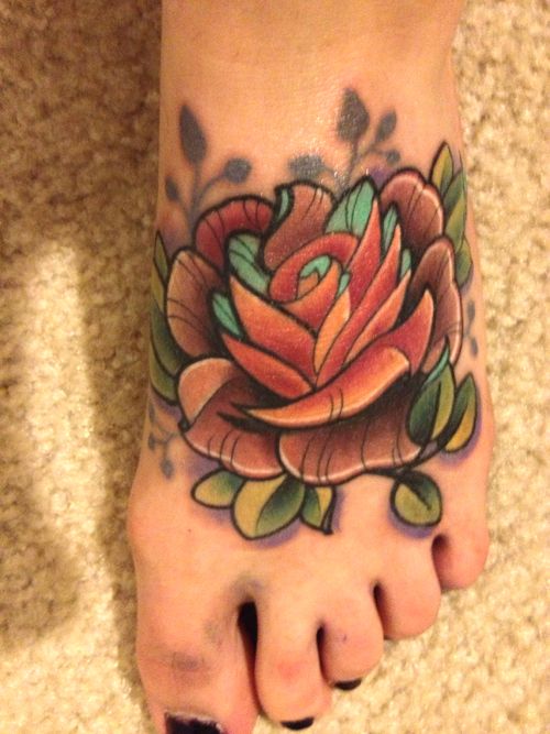 Amazing Orange Rose Tattoo On Girl Foot