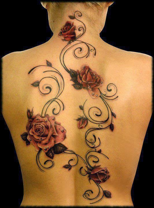 Amazing Orange Roses With Vine Tattoo On Full Back