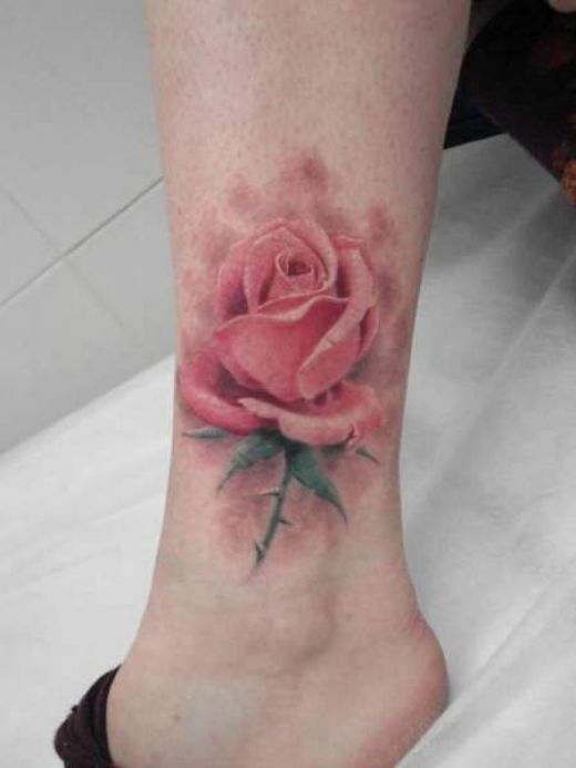 Amazing Pink Rose Tattoo On Leg