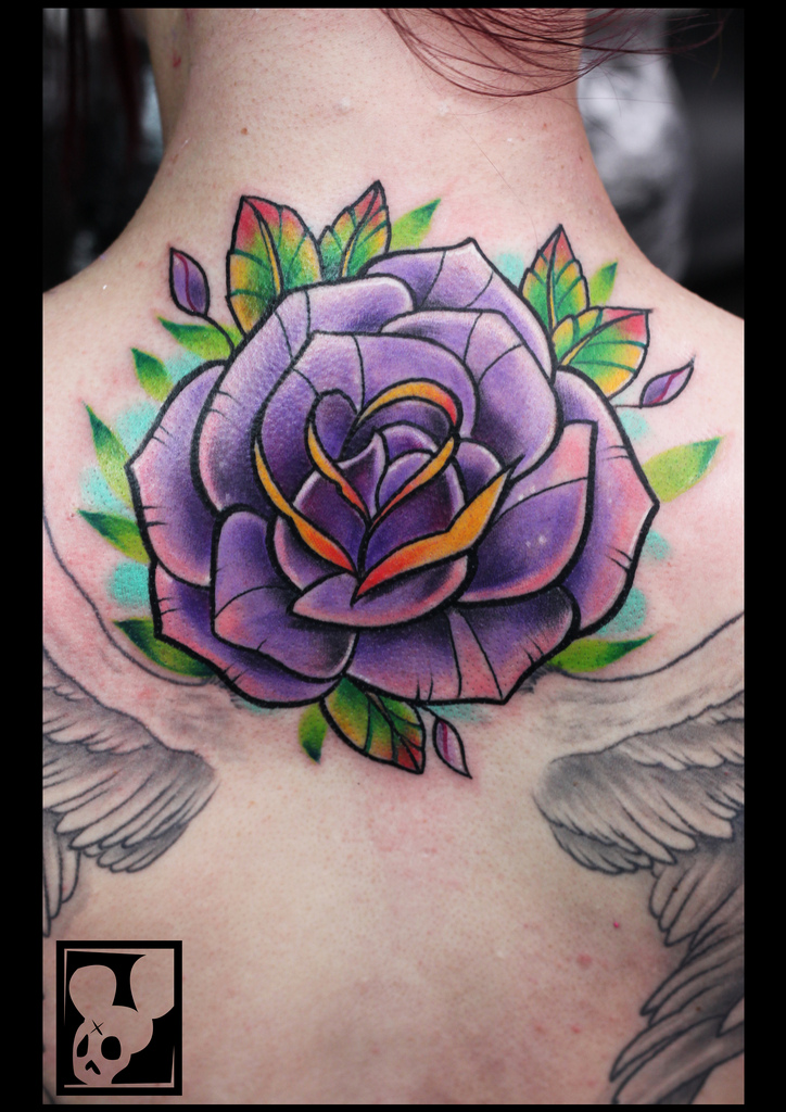 Amazing Purple Rose Tattoo On Upper Back By Jairo Carmona Velez