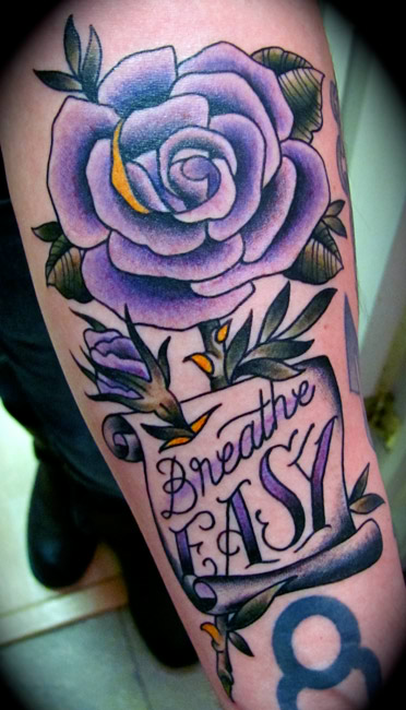 Amazing Purple Rose With Banner Tattoo Design For Arm
