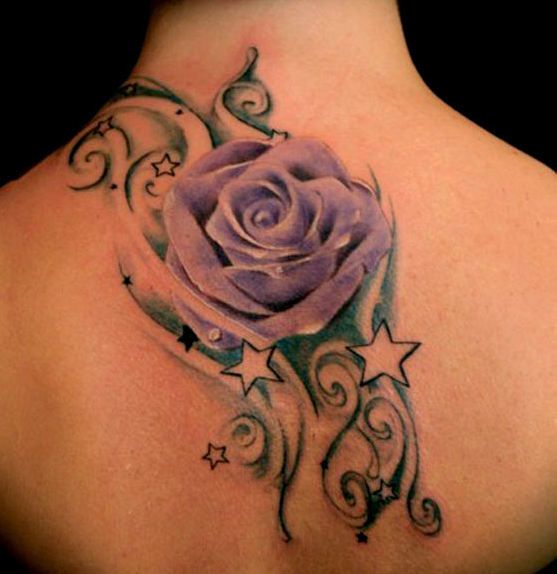 Amazing Purple Rose With Stars Tattoo On Upper Back