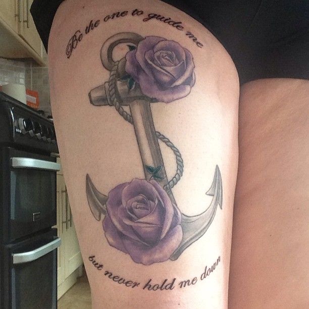 Anchor With Two Purple Roses Tattoo On Thigh