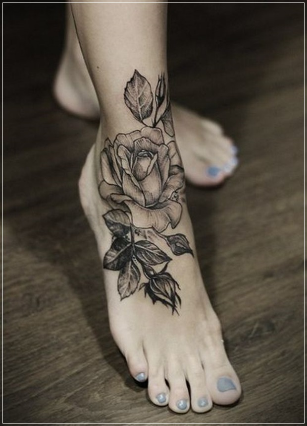 Awesome Black And Grey Rose Tattoo On Girl Foot