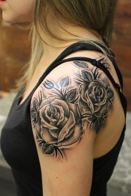 Awesome Black And Grey Rose Tattoo On Girl Left Shoulder
