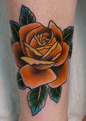 Awesome Orange Rose Tattoo Design For Leg By Virginia Elwood