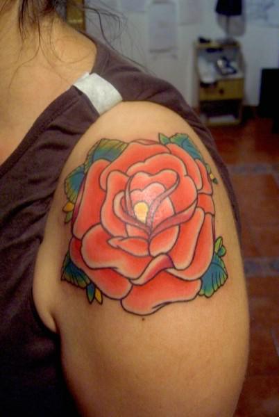 Awesome Orange Rose Tattoo On Left Shoulder