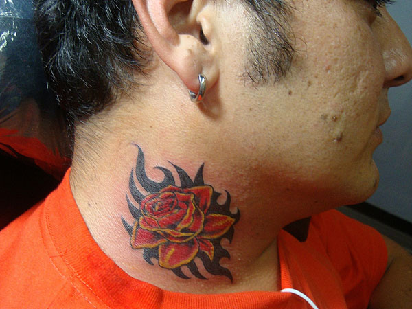 Awesome Orange Rose Tattoo On Man Side Neck