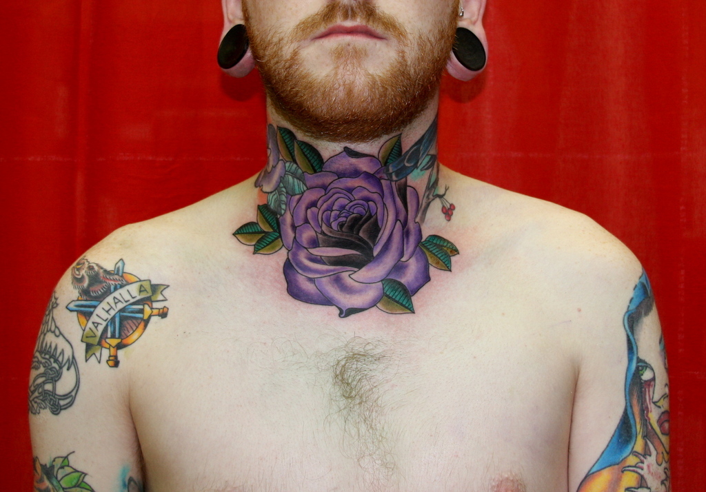 Awesome Purple Rose Tattoo On Man Neck By Eva Huber