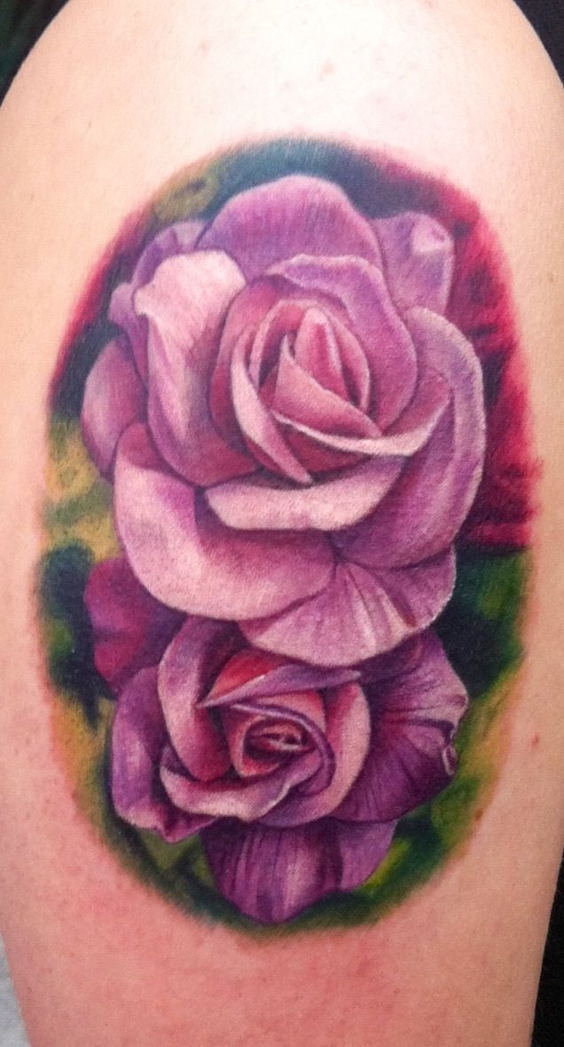 Awesome Two Purple Rose Tattoo Design For Shoulder