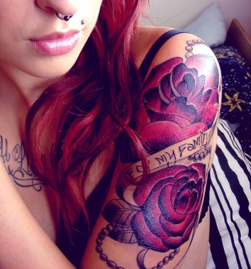 Awesome Two Purple Roses With Banner Tattoo On Girl Left Half Sleeve